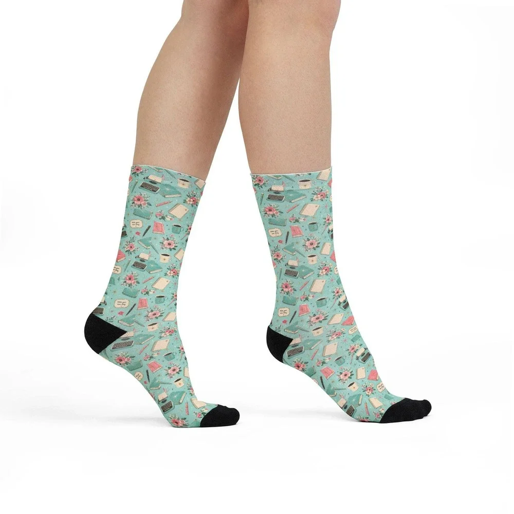 Floral Typewriter Writer Crew Socks | Teacup Pattern, Mint‎ Floral Socks